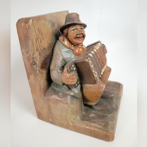 Vintage Handcarved- Painted Black Forest Style Musician Accordion Player Bookend